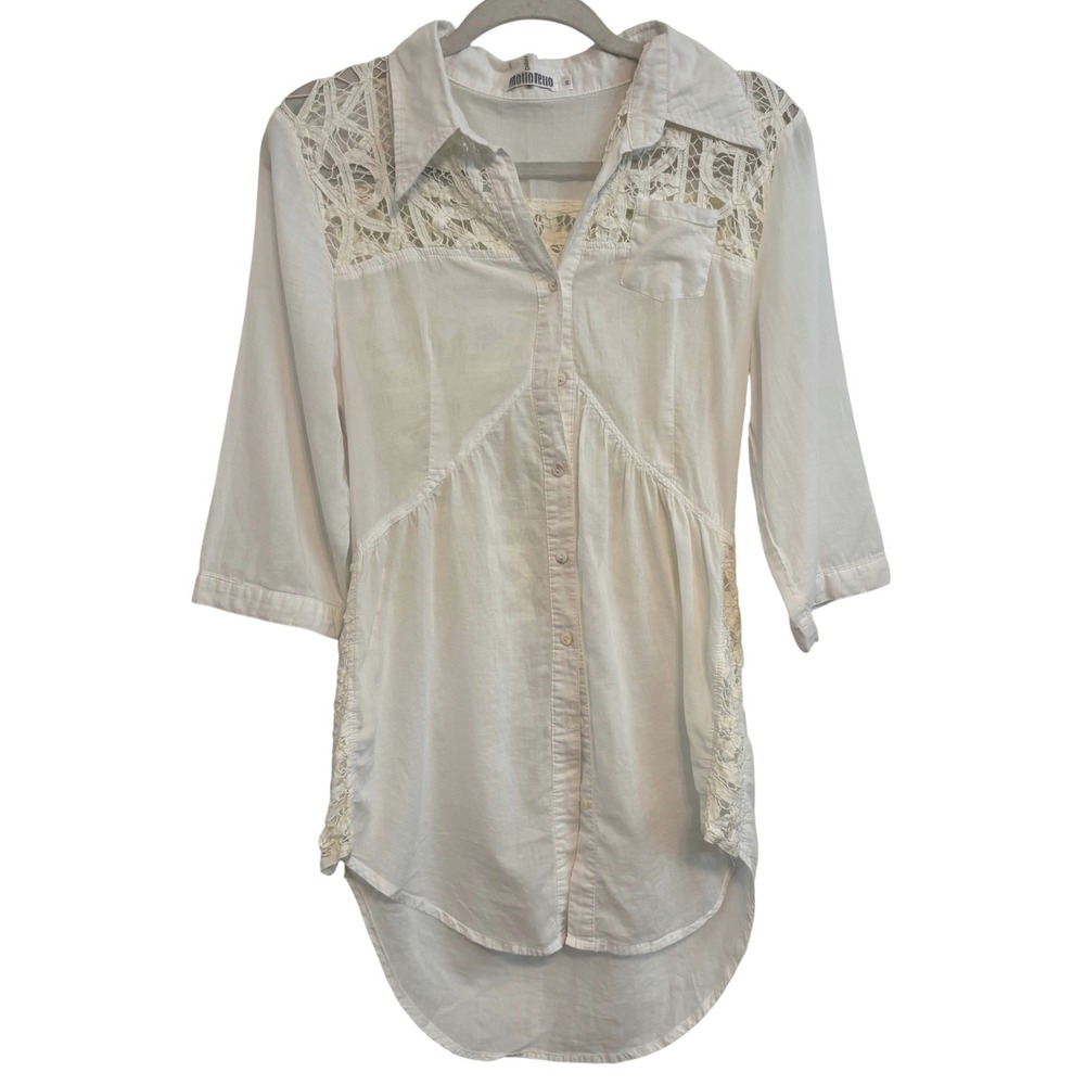 Monoreno Top Womens S White Lace Button Down 3/4‎ Sleeve Boho Coastal